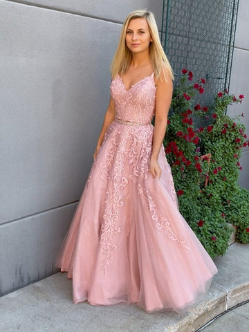 A-Linie, V-Ausschnitt, Tüll, Spitzenapplikationen, langes, formelles Ballkleid mit Gürtel