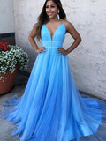 Abito da Sera Lungo in Tulle con Scollatura a V e Cinturino Sottile Blu per Ballo di Fine Anno