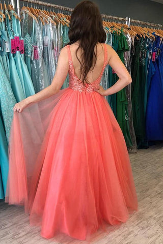 A-line V neck Watermelon Rustic Prom Dresses With Lace Prom Gowns  PSK216