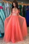 Robe de bal rustique pastèque à encolure en V et ligne A avec dentelle  PSK216