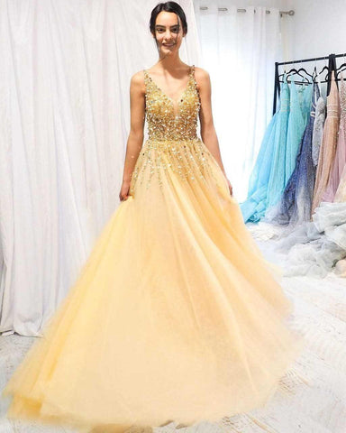 A-line V neck Sparkly Yellow Long Prom Dress Party Dress PSK026