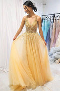 Robe de bal longue jaune pailletée à encolure en V et coupe A PSK026