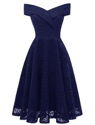 A-Linie WE Partykleid Urlaub Abschlussfeier Knielang Kurzarm Schulterfrei Brautjungfernkleid Spitze mit Falten Spitzeneinsatz