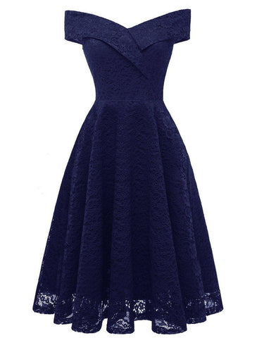 A-Linie WE Partykleid Hochzeit Gast Urlaub Knielang Kurzarm Schulterfrei Brautjungfernkleid Spitze mit Falten Spitzeneinsatz
