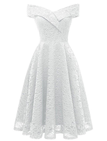 A-Linie WE Partykleid Hochzeit Gast Urlaub Knielang Kurzarm Schulterfrei Brautjungfernkleid Spitze mit Falten Spitzeneinsatz
