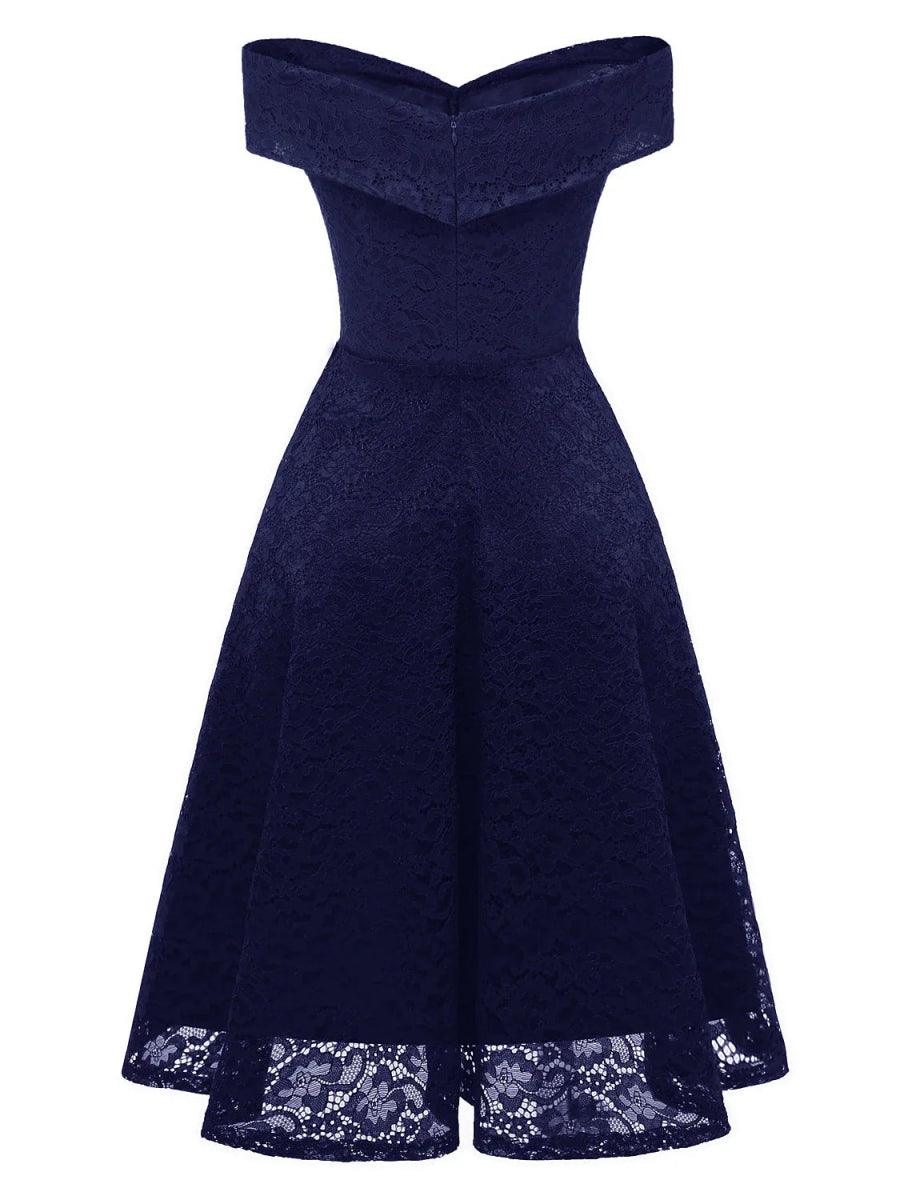 A-Line WE Party Dress Wedding Guest Holiday Knee Length Short Sleeve Off Shoulder Bridesmaid Dress Lace with Pleats Lace Insert