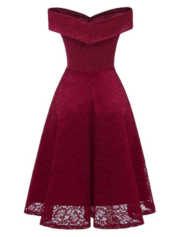 A-Linie WE Partykleid Hochzeit Gast Urlaub Knielang Kurzarm Schulterfrei Brautjungfernkleid Spitze mit Falten Spitzeneinsatz