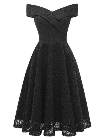 A-Linie WE Partykleid Hochzeit Gast Urlaub Knielang Kurzarm Schulterfrei Brautjungfernkleid Spitze mit Falten Spitzeneinsatz