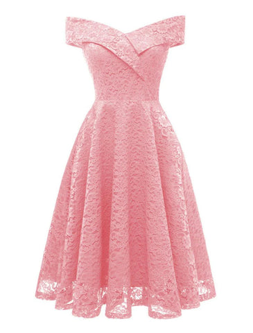 A-Linie WE Partykleid Hochzeit Gast Urlaub Knielang Kurzarm Schulterfrei Brautjungfernkleid Spitze mit Falten Spitzeneinsatz