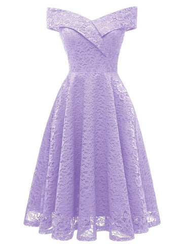 A-Linie WE Partykleid Hochzeit Gast Urlaub Knielang Kurzarm Schulterfrei Brautjungfernkleid Spitze mit Falten Spitzeneinsatz