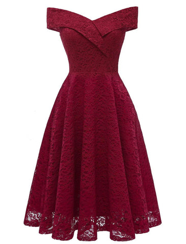A-Linie WE Partykleid Hochzeit Gast Urlaub Knielang Kurzarm Schulterfrei Brautjungfernkleid Spitze mit Falten Spitzeneinsatz