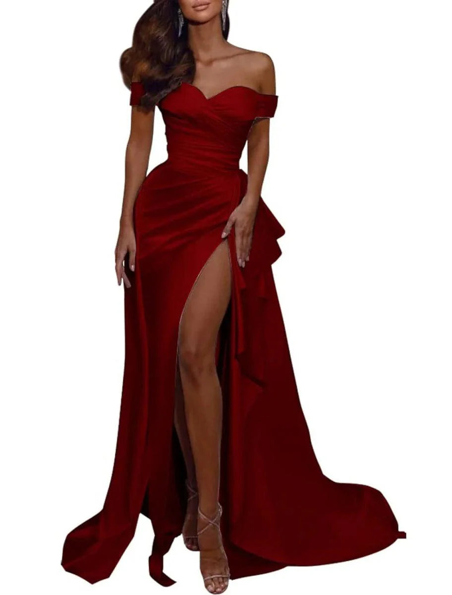 Vestido de noiva estilo celebridade, sexy, formal, com ombros descobertos, manga curta, cauda longa, cetim italiano com pregas e racha