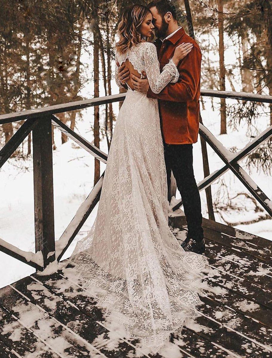 Vestidos de noiva em corte A, comprimento até ao tornozelo, vestidos brancos vintage, manga comprida, decote em V, chiffon com cor sólida, vestidos de noiva