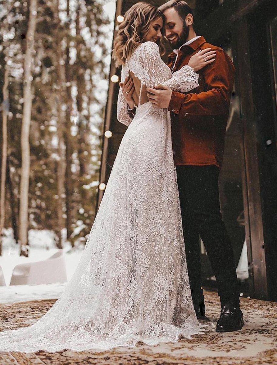 Vestidos de noiva em corte A, comprimento até ao tornozelo, vestidos brancos vintage, manga comprida, decote em V, chiffon com cor sólida, vestidos de noiva