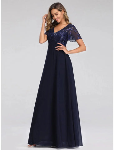 A-Linie Hochzeitsgastkleider Elegantes Kleid Herbst Bodenlang Kurzarm V-Ausschnitt Brautjungfernkleid Tüll mit Paillettenapplikationen
