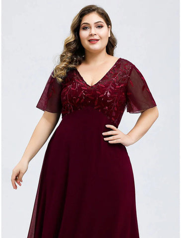 A-Linie Hochzeitsgastkleider Elegantes Kleid Herbst Bodenlang Kurzarm V-Ausschnitt Brautjungfernkleid Tüll mit Paillettenapplikationen