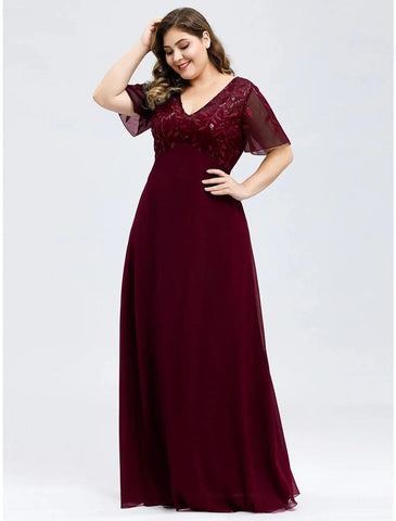 A-Linie Hochzeitsgastkleider Elegantes Kleid Herbst Bodenlang Kurzarm V-Ausschnitt Brautjungfernkleid Tüll mit Paillettenapplikationen