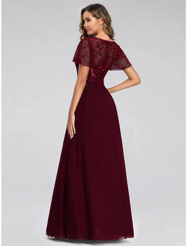A-Linie Hochzeitsgastkleider Elegantes Kleid Herbst Bodenlang Kurzarm V-Ausschnitt Brautjungfernkleid Tüll mit Paillettenapplikationen