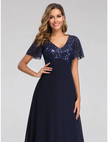 A-Linie Hochzeitsgastkleider Elegantes Kleid Herbst Bodenlang Kurzarm V-Ausschnitt Brautjungfernkleid Tüll mit Paillettenapplikationen