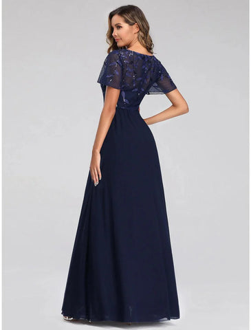 A-Linie Hochzeitsgastkleider Elegantes Kleid Herbst Bodenlang Kurzarm V-Ausschnitt Brautjungfernkleid Tüll mit Paillettenapplikationen