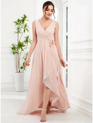 A-Linie Hochzeitsgastkleider Elegantes Kleid Partykleidung Hochzeitsfeier Asymmetrisch Ärmellos Spaghettiträger Brautjungfernkleid Chiffon mit Rüschen Schlitz