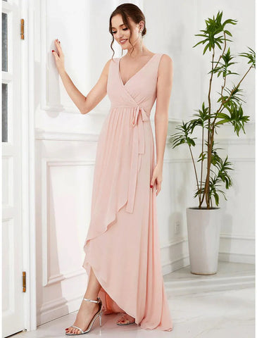 A-Linie Hochzeitsgastkleider Elegantes Kleid Partykleidung Hochzeitsfeier Asymmetrisch Ärmellos Spaghettiträger Brautjungfernkleid Chiffon mit Rüschen Schlitz