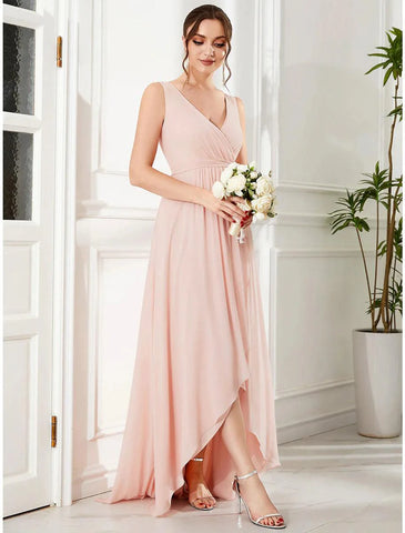 A-Linie Hochzeitsgastkleider Elegantes Kleid Partykleidung Hochzeitsfeier Asymmetrisch Ärmellos Spaghettiträger Brautjungfernkleid Chiffon mit Rüschen Schlitz