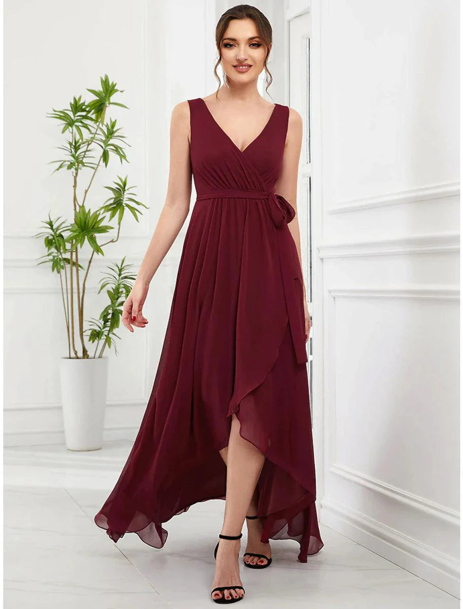 Vestidos de festa de casamento em linha A, elegantes, assimétricos, sem mangas, decote em V, chiffon com folhos e alças