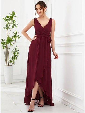 A-Linie Hochzeitsgastkleider Elegantes Kleid Partykleidung Hochzeitsfeier Asymmetrisch Ärmellos V-Ausschnitt Brautjungfernkleid Chiffon mit Rüschen Riemchen