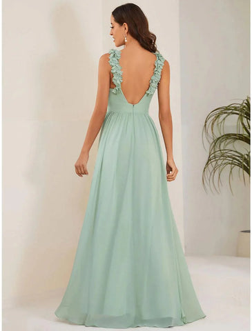 A-Linien-Kleid für Hochzeitsgäste, offenes Rückenkleid, formelle schwarze Krawatte, bodenlanges, ärmelloses Brautjungfernkleid mit Rundhalsausschnitt, Chiffon mit Falten, Schulterblume