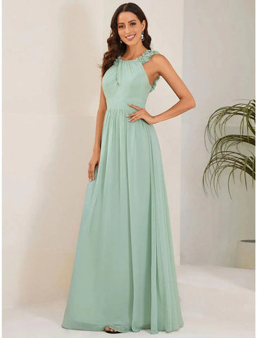 A-Linien-Kleid für Hochzeitsgäste, offenes Rückenkleid, formelle schwarze Krawatte, bodenlanges, ärmelloses Brautjungfernkleid mit Rundhalsausschnitt, Chiffon mit Falten, Schulterblume
