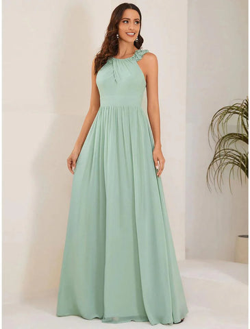 A-Linien-Kleid für Hochzeitsgäste, offenes Rückenkleid, formelle schwarze Krawatte, bodenlanges, ärmelloses Brautjungfernkleid mit Rundhalsausschnitt, Chiffon mit Falten, Schulterblume