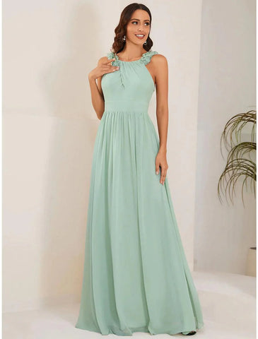A-Linien-Kleid für Hochzeitsgäste, offenes Rückenkleid, formelle schwarze Krawatte, bodenlanges, ärmelloses Brautjungfernkleid mit Rundhalsausschnitt, Chiffon mit Falten, Schulterblume