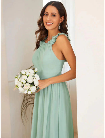 A-Linien-Kleid für Hochzeitsgäste, offenes Rückenkleid, formelle schwarze Krawatte, bodenlanges, ärmelloses Brautjungfernkleid mit Rundhalsausschnitt, Chiffon mit Falten, Schulterblume