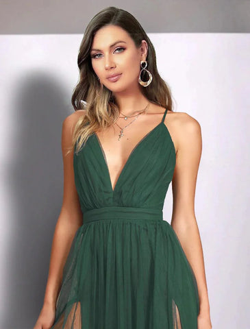 A-Linie Hochzeitsgastkleider, Rückenfreies Kleid, Partykleidung, Hochzeitsfeier, bodenlang, ärmellos, Spaghettiträger, Brautjungfernkleid, Tüll mit Falten