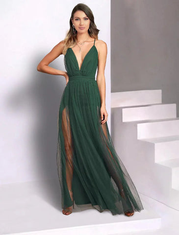 A-Linie Hochzeitsgastkleider, Rückenfreies Kleid, Partykleidung, Hochzeitsfeier, bodenlang, ärmellos, Spaghettiträger, Brautjungfernkleid, Tüll mit Falten