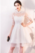 Robe de soirée à manches PD062 en dentelle et tulle blanc, coupe A-line, pour bal de fin d'année