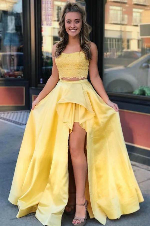 Vestido de festa de duas peças com racha e alças de renda em cetim amarelo A-Line PM230