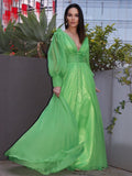 Abito da Sera a Linea A/Elegante con Balze in Chiffon 3D, Scollo a V e Maniche Lunghe