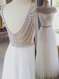 Abiti da Ballo in Tulle con Perline, Senza Maniche, Lunghe fino al Pavimento, Linea A/Elegante con Scollo a Barca