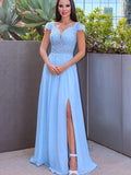 Abito da Ballo in Chiffon con Applique, Semplice ed Elegante, Lungo fino a Terra, Scollato sulle Spalle e Senza Maniche