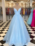 Abito da ballo a linea A, elegante, lungo fino al pavimento, con scollo a V, senza maniche, in tulle e balze