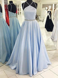 Vestidos de graduación tipo A-line/elegantes con cuello halter, sin mangas, largo hasta el suelo, de satén