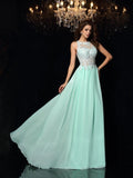 Abito da Sera in Chiffon Lungo, Senza Maniche, Collo Alto, Elegante, con Applique, Linea A