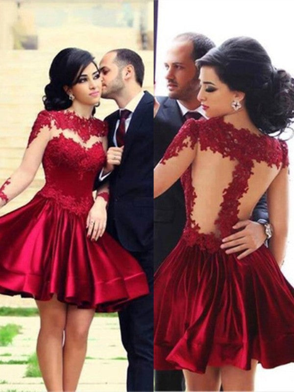 Vestidos de baile curtos/mini em cetim, elegantes, decote alto, mangas compridas, corte A