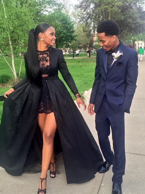 Vestidos de festa em cetim com renda e corte A/mangas compridas e elegantes