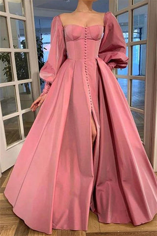 A-Line/Elegant Long Sleeves Square Ruffles Satin Floor-Length Prom Dresses