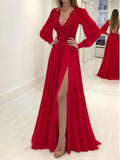 Abiti da ballo in chiffon con scollatura a V, maniche lunghe, applicazioni e linea a A/Eleganti
