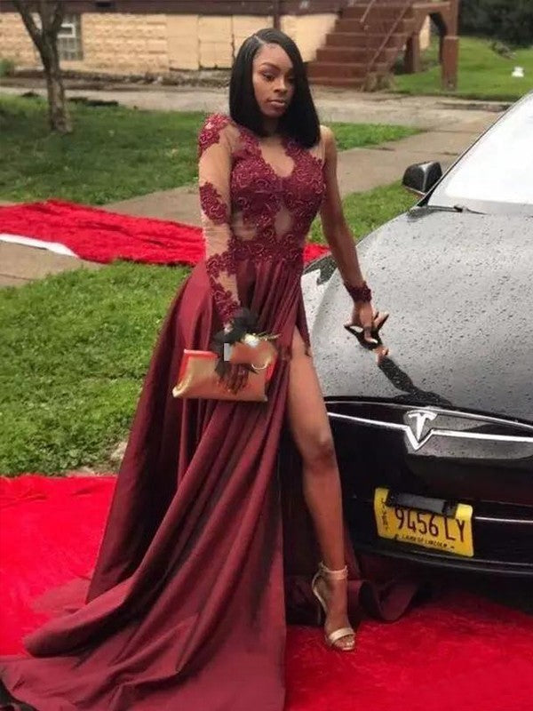 Vestidos de festa em cetim com aplicações e decote em V, mangas compridas e elegantes