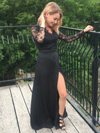 Vestidos de festa elegantes, decote em V, mangas compridas, comprimento até ao chão, aplicações em chiffon e renda